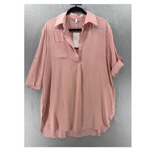 Ekouaer Tunic Top Womens S Pink Popover 3/4 Roll Tab Sleeve V-Neck Coastal Chic